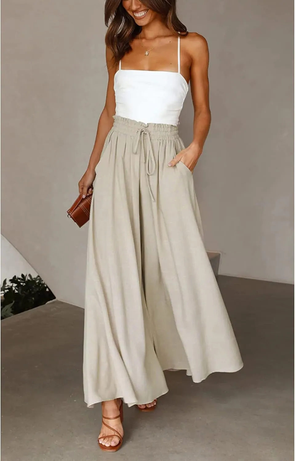 Women's Wide Leg Palazzo Maxi Flowy Pants Elastic High Waist Casual Drawstring Lounge Culotte with Pocket