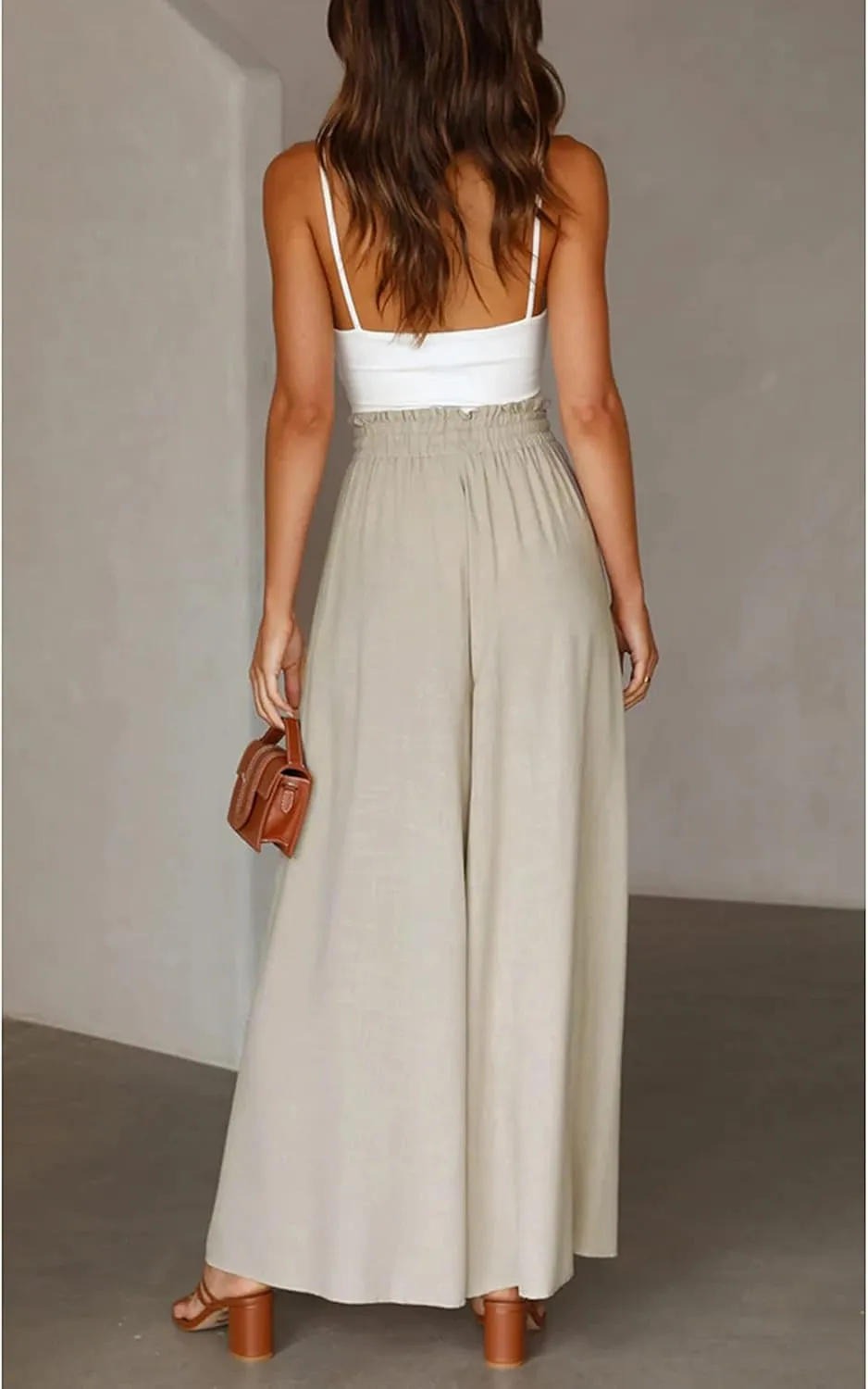 Women's Wide Leg Palazzo Maxi Flowy Pants Elastic High Waist Casual Drawstring Lounge Culotte with Pocket