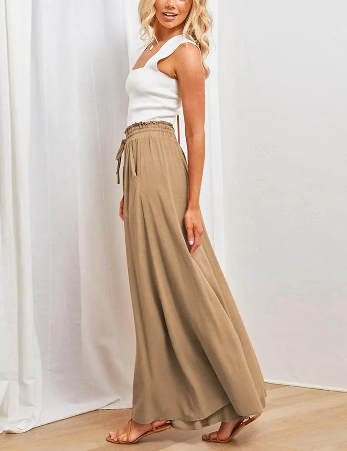 Women's Wide Leg Palazzo Maxi Flowy Pants Elastic High Waist Casual Drawstring Lounge Culotte with Pocket