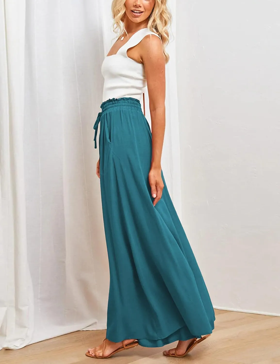 Women's Wide Leg Palazzo Maxi Flowy Pants Elastic High Waist Casual Drawstring Lounge Culotte with Pocket