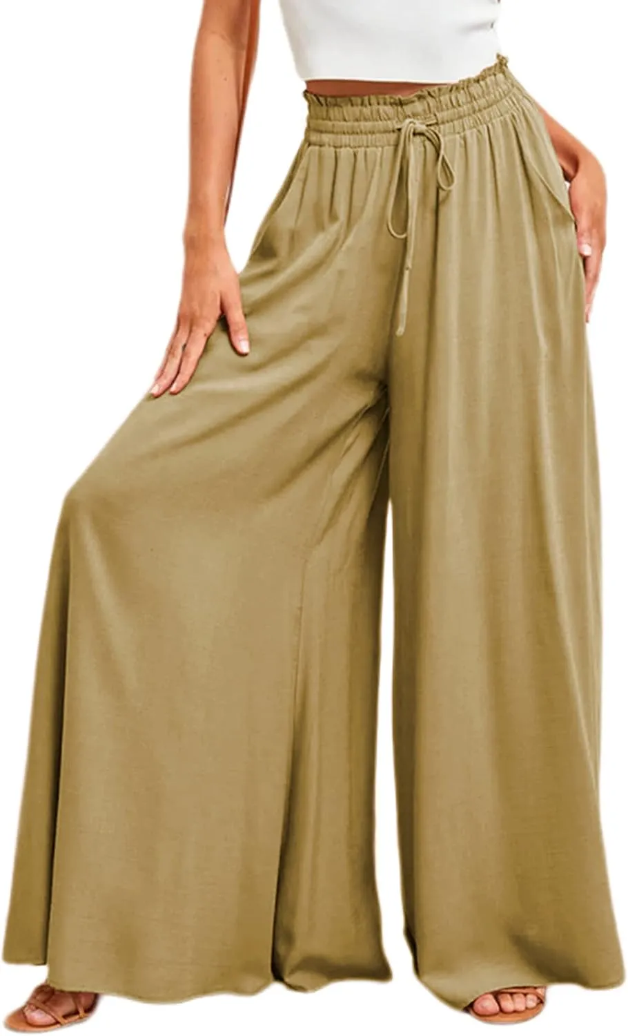 Women's Wide Leg Palazzo Maxi Flowy Pants Elastic High Waist Casual Drawstring Lounge Culotte with Pocket