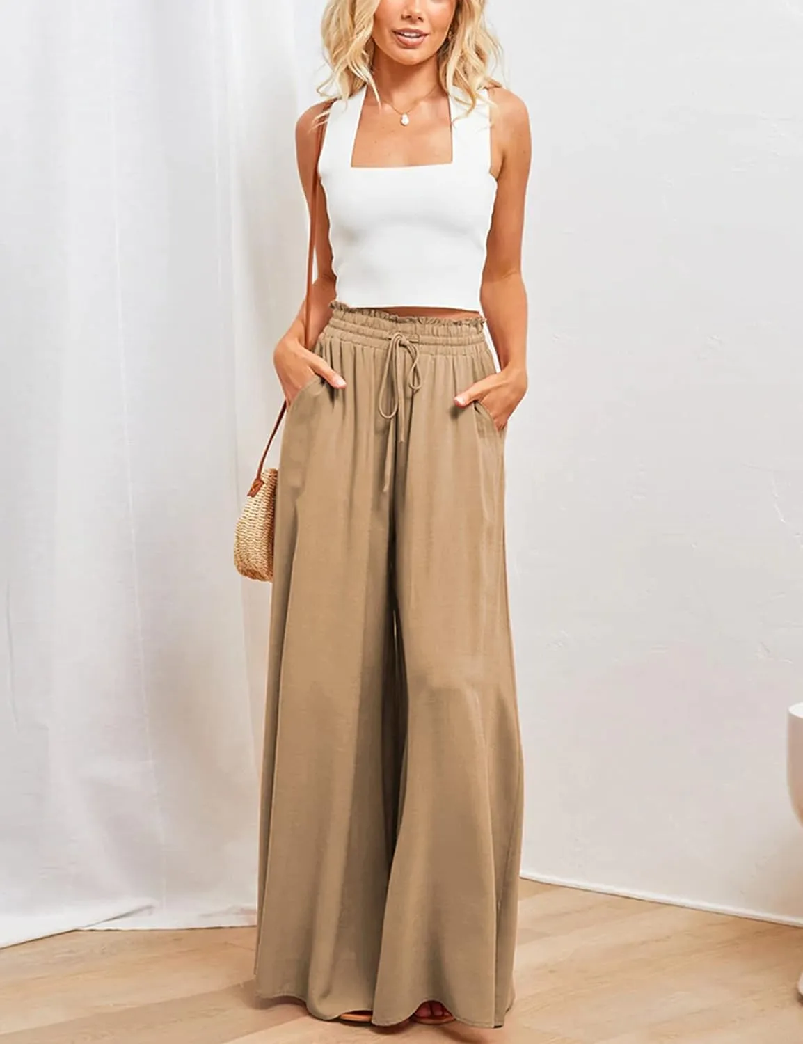 Women's Wide Leg Palazzo Maxi Flowy Pants Elastic High Waist Casual Drawstring Lounge Culotte with Pocket