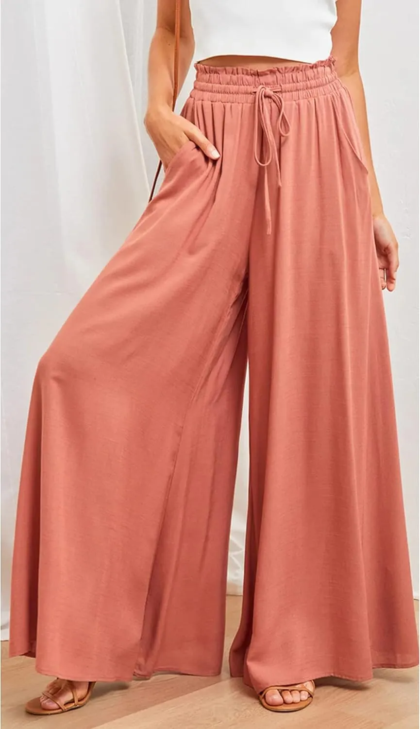 Women's Wide Leg Palazzo Maxi Flowy Pants Elastic High Waist Casual Drawstring Lounge Culotte with Pocket