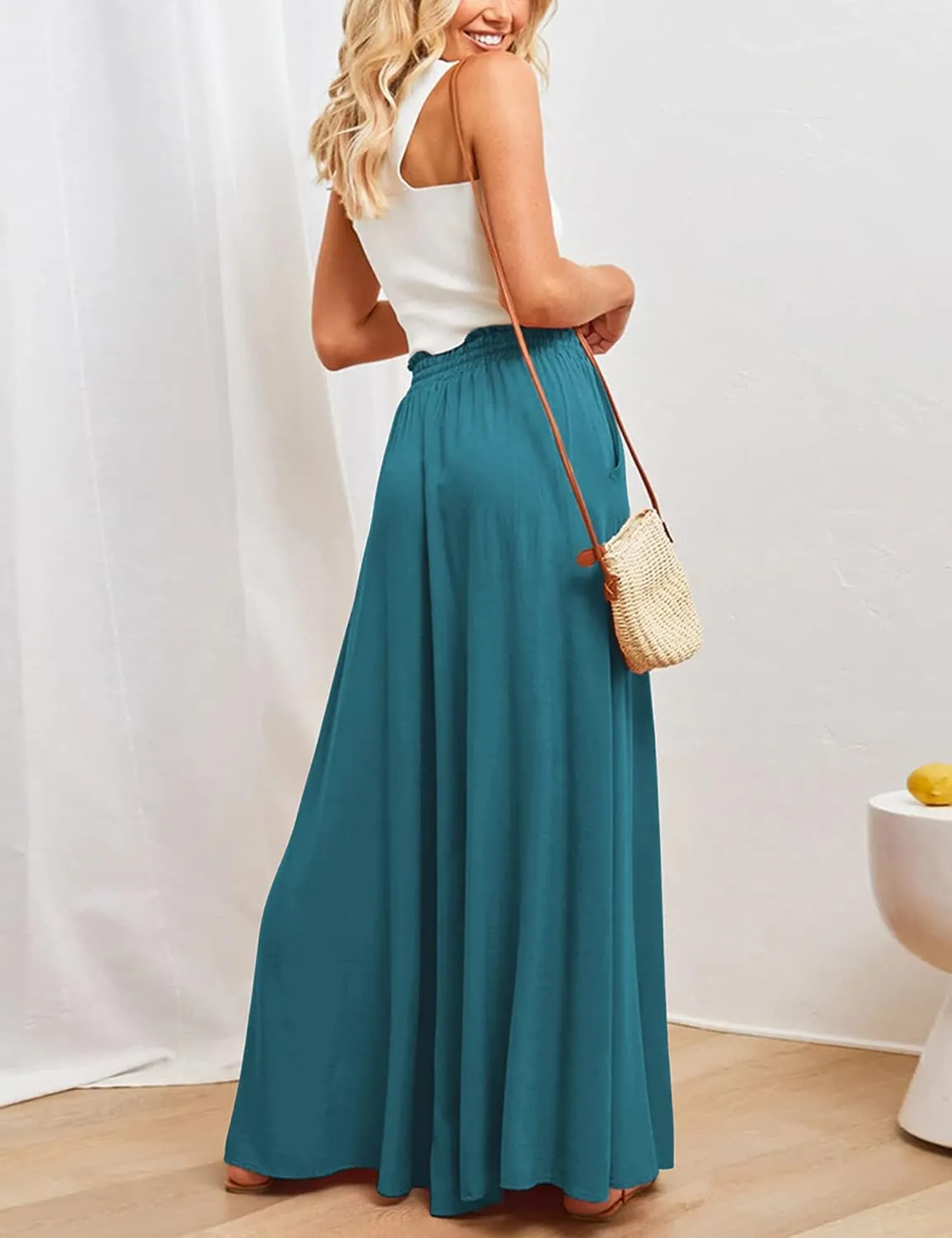 Women's Wide Leg Palazzo Maxi Flowy Pants Elastic High Waist Casual Drawstring Lounge Culotte with Pocket