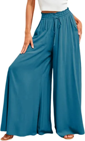 Women's Wide Leg Palazzo Maxi Flowy Pants Elastic High Waist Casual Drawstring Lounge Culotte with Pocket