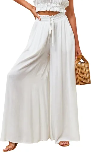 Women's Wide Leg Palazzo Maxi Flowy Pants Elastic High Waist Casual Drawstring Lounge Culotte with Pocket