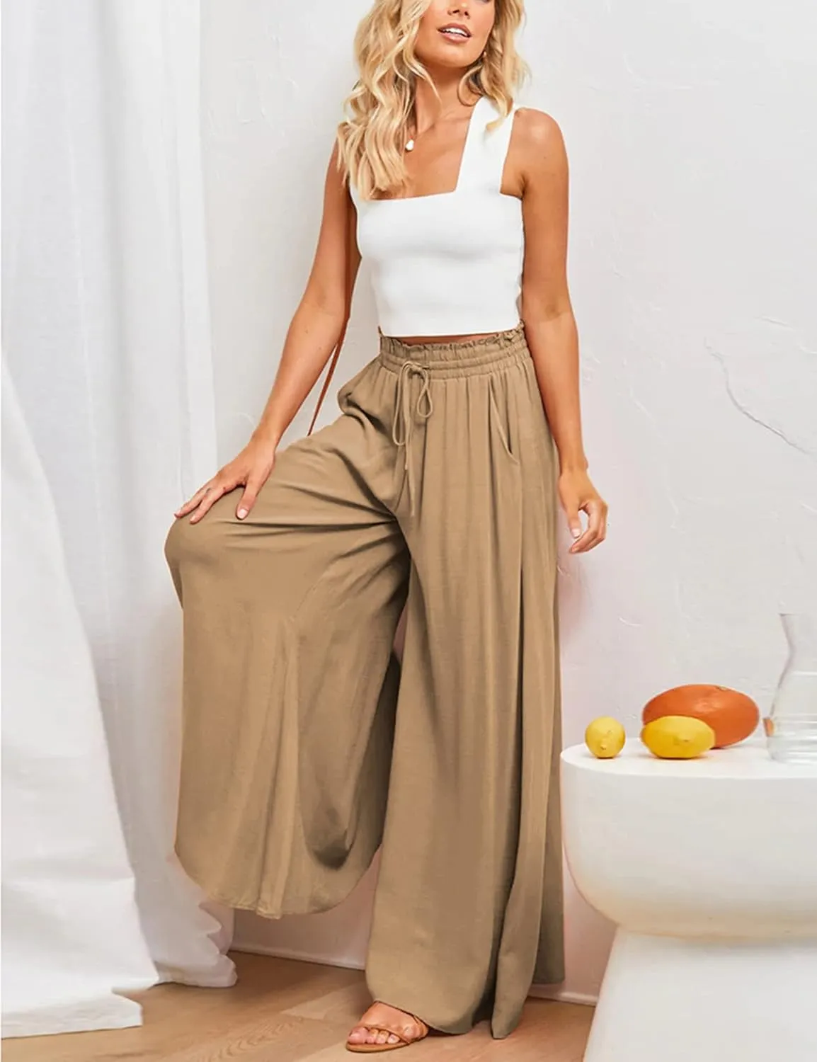 Women's Wide Leg Palazzo Maxi Flowy Pants Elastic High Waist Casual Drawstring Lounge Culotte with Pocket