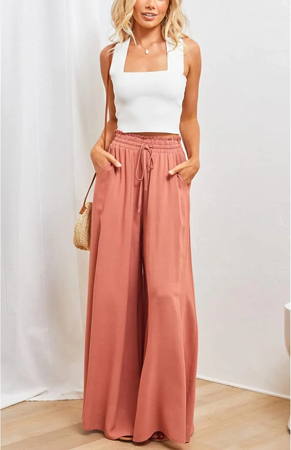 Women's Wide Leg Palazzo Maxi Flowy Pants Elastic High Waist Casual Drawstring Lounge Culotte with Pocket