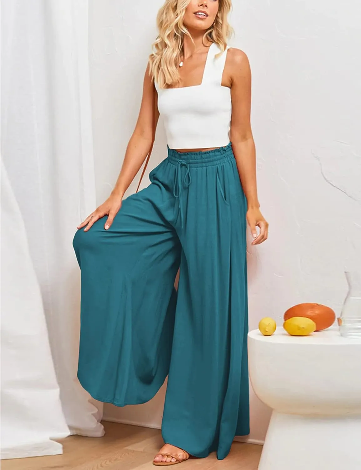 Women's Wide Leg Palazzo Maxi Flowy Pants Elastic High Waist Casual Drawstring Lounge Culotte with Pocket