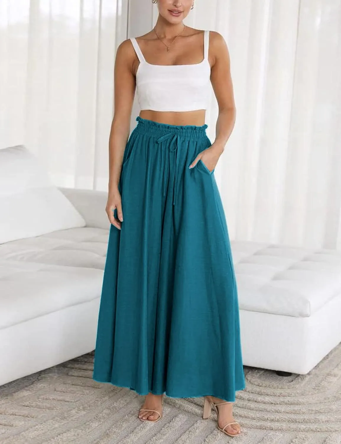 Women's Wide Leg Palazzo Maxi Flowy Pants Elastic High Waist Casual Drawstring Lounge Culotte with Pocket