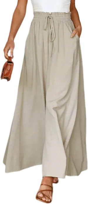 Women's Wide Leg Palazzo Maxi Flowy Pants Elastic High Waist Casual Drawstring Lounge Culotte with Pocket