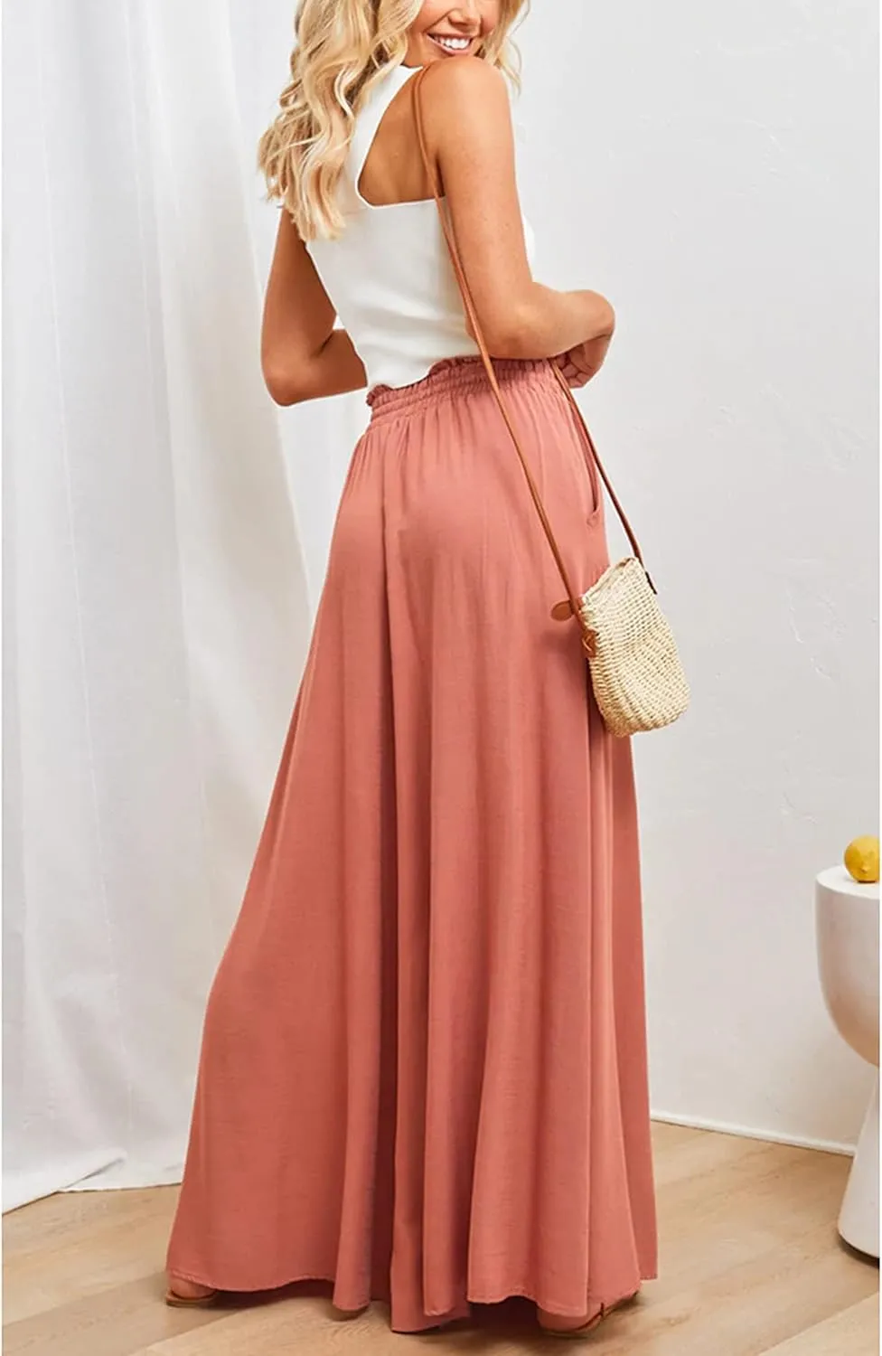 Women's Wide Leg Palazzo Maxi Flowy Pants Elastic High Waist Casual Drawstring Lounge Culotte with Pocket
