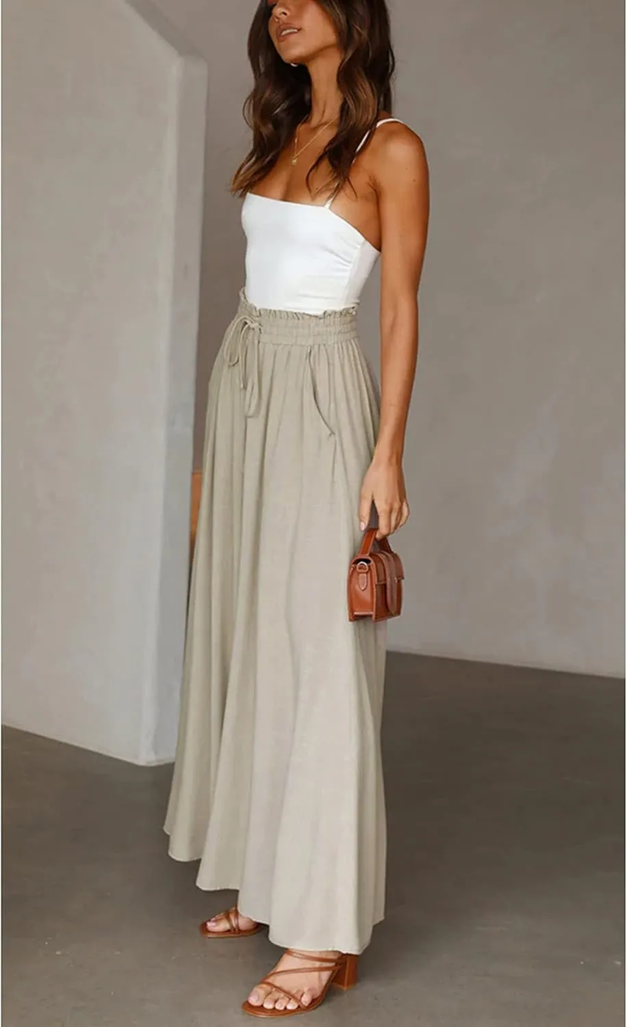 Women's Wide Leg Palazzo Maxi Flowy Pants Elastic High Waist Casual Drawstring Lounge Culotte with Pocket
