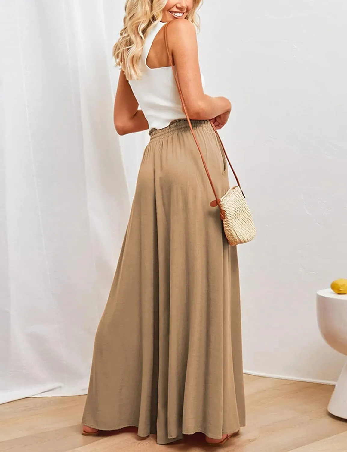 Women's Wide Leg Palazzo Maxi Flowy Pants Elastic High Waist Casual Drawstring Lounge Culotte with Pocket