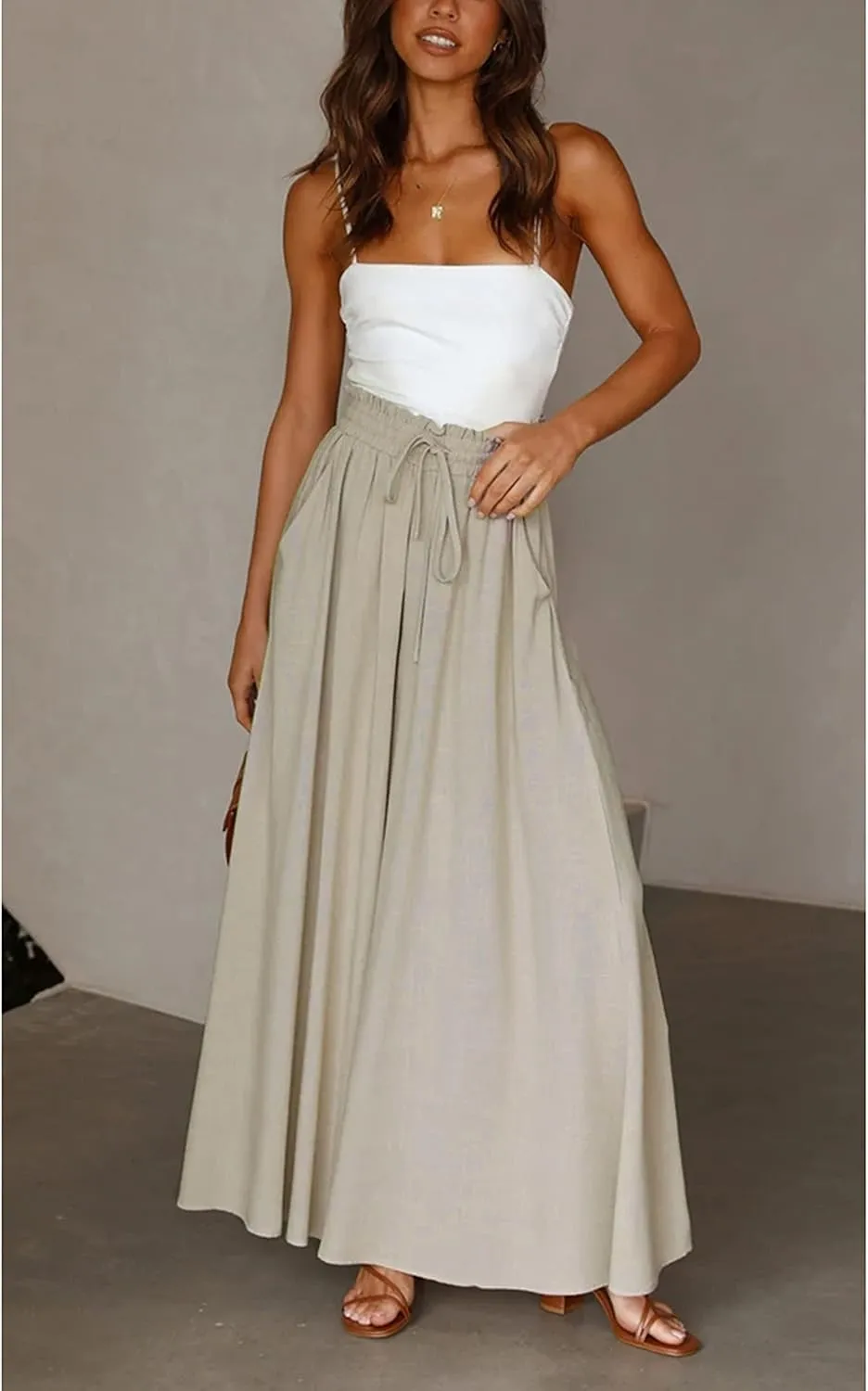 Women's Wide Leg Palazzo Maxi Flowy Pants Elastic High Waist Casual Drawstring Lounge Culotte with Pocket