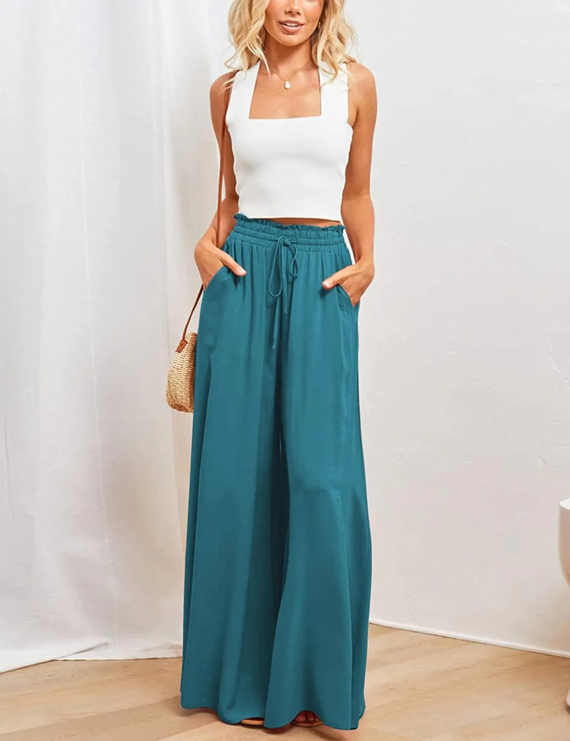 Women's Wide Leg Palazzo Maxi Flowy Pants Elastic High Waist Casual Drawstring Lounge Culotte with Pocket