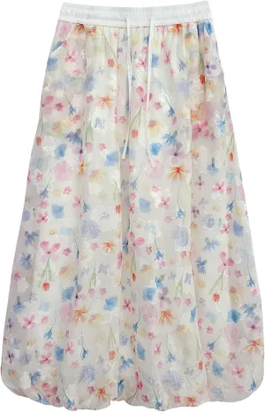 Wowcarbazole Women's Summer Long Skirts Trendy Casual Bubble Ankle Length Elastic Waisted Beach Boho Skirt with Pockets