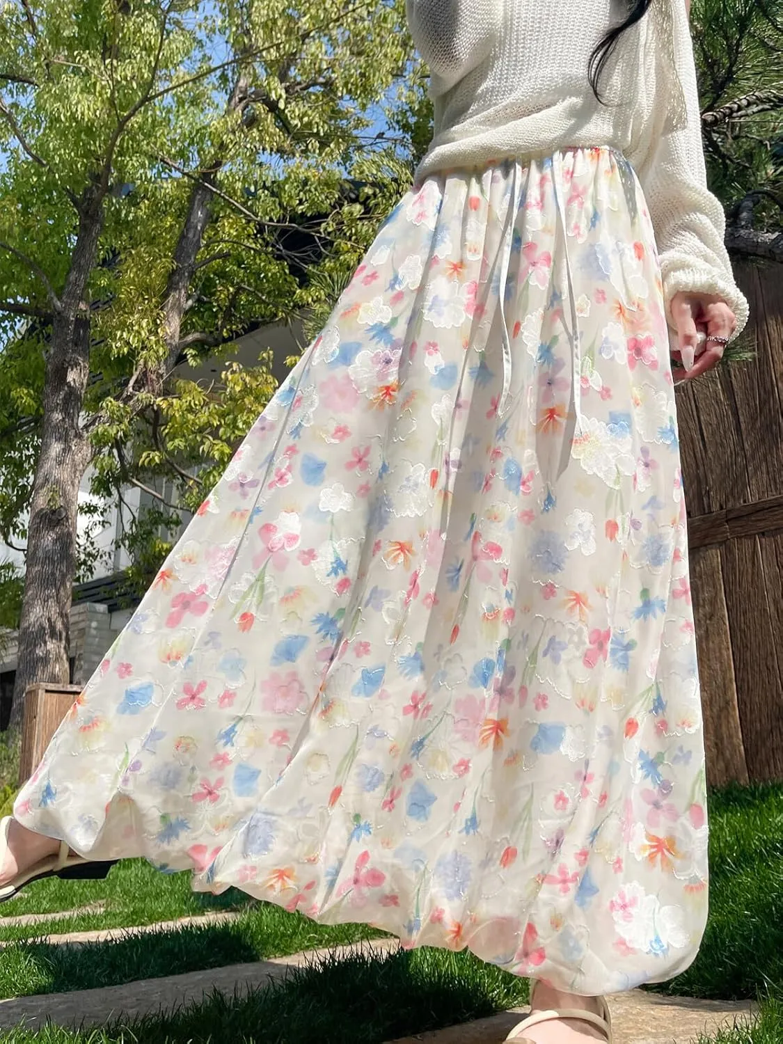 Wowcarbazole Women's Summer Long Skirts Trendy Casual Bubble Ankle Length Elastic Waisted Beach Boho Skirt with Pockets