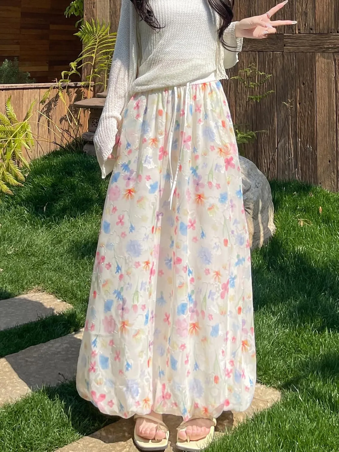 Wowcarbazole Women's Summer Long Skirts Trendy Casual Bubble Ankle Length Elastic Waisted Beach Boho Skirt with Pockets