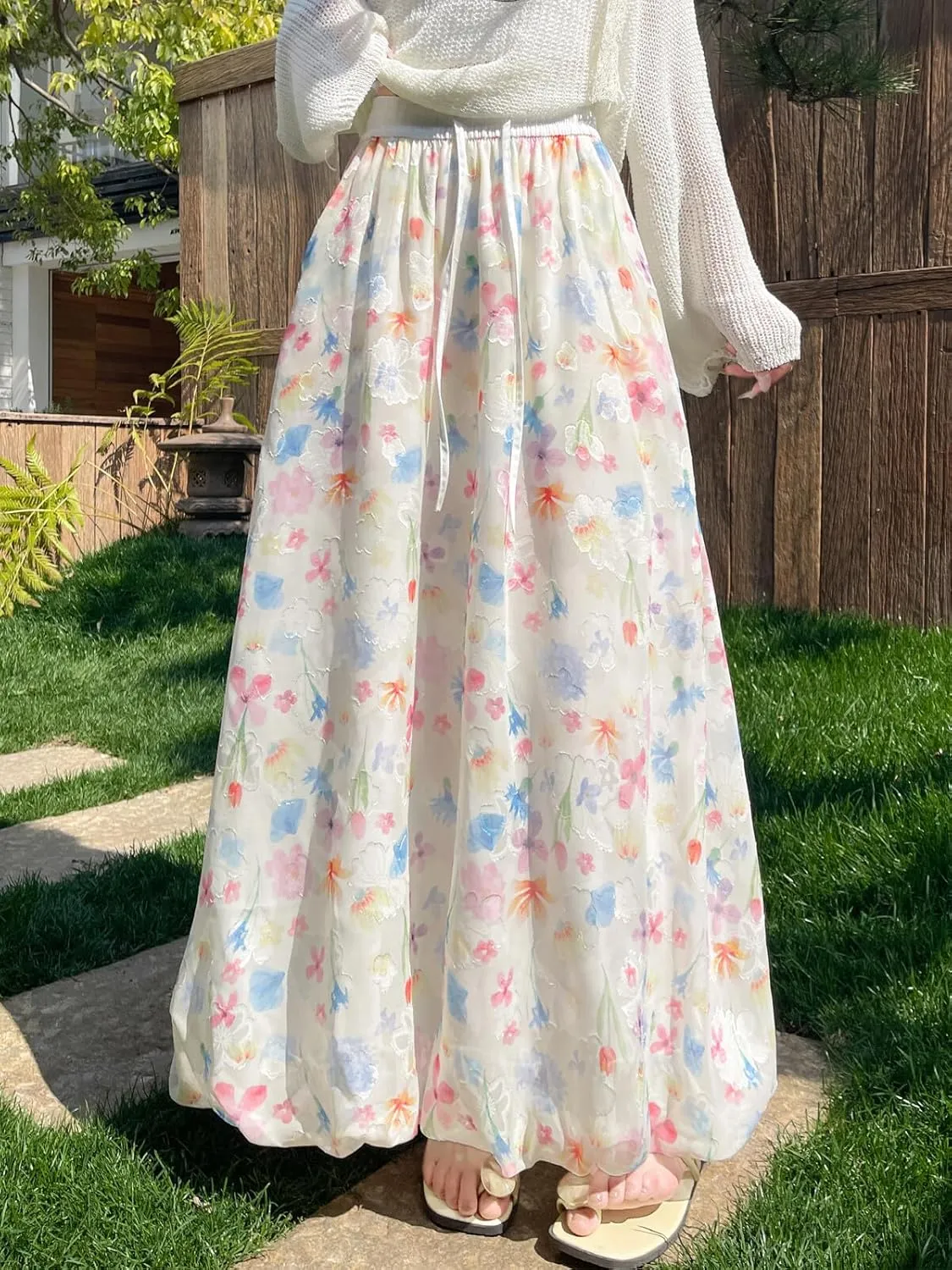 Wowcarbazole Women's Summer Long Skirts Trendy Casual Bubble Ankle Length Elastic Waisted Beach Boho Skirt with Pockets