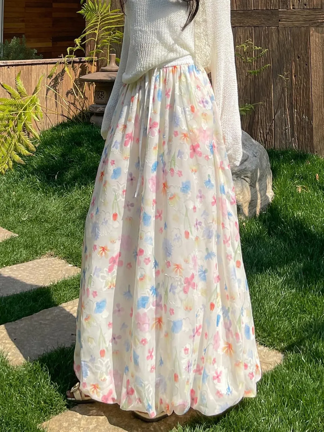 Wowcarbazole Women's Summer Long Skirts Trendy Casual Bubble Ankle Length Elastic Waisted Beach Boho Skirt with Pockets