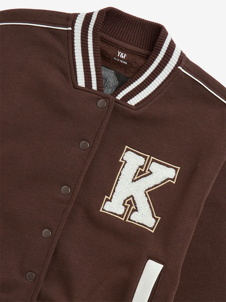 Y&F Kids Brown Applique-Detailed Cotton-Blend Varsity Jacket