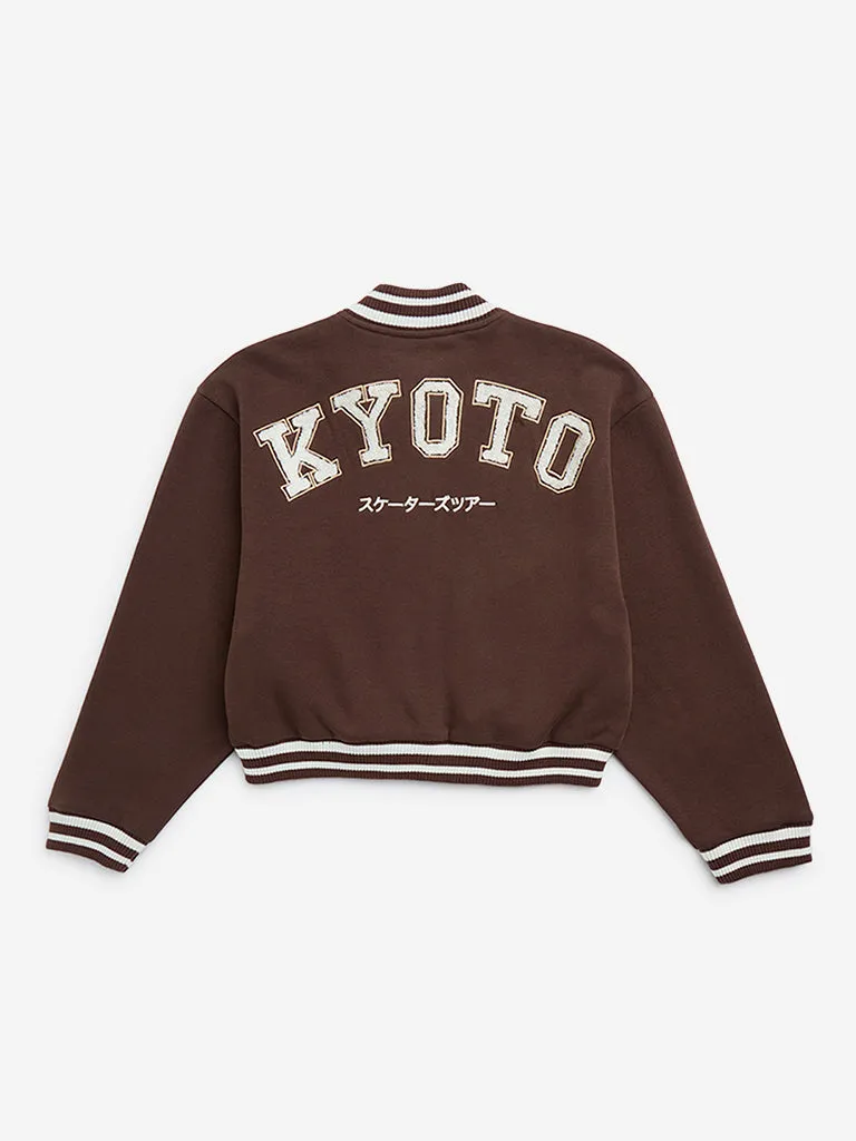 Y&F Kids Brown Applique-Detailed Cotton-Blend Varsity Jacket