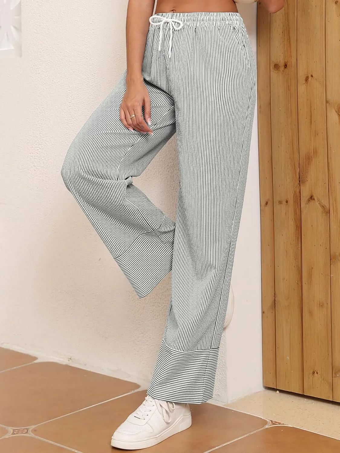 ZAFUL 2025 Womens Striped Linen Pants Cute Vintage Y2K Summer Beach Ankle Pants with Pockets, Comfy PJ Trousers
