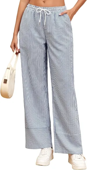 ZAFUL 2025 Womens Striped Linen Pants Cute Vintage Y2K Summer Beach Ankle Pants with Pockets, Comfy PJ Trousers