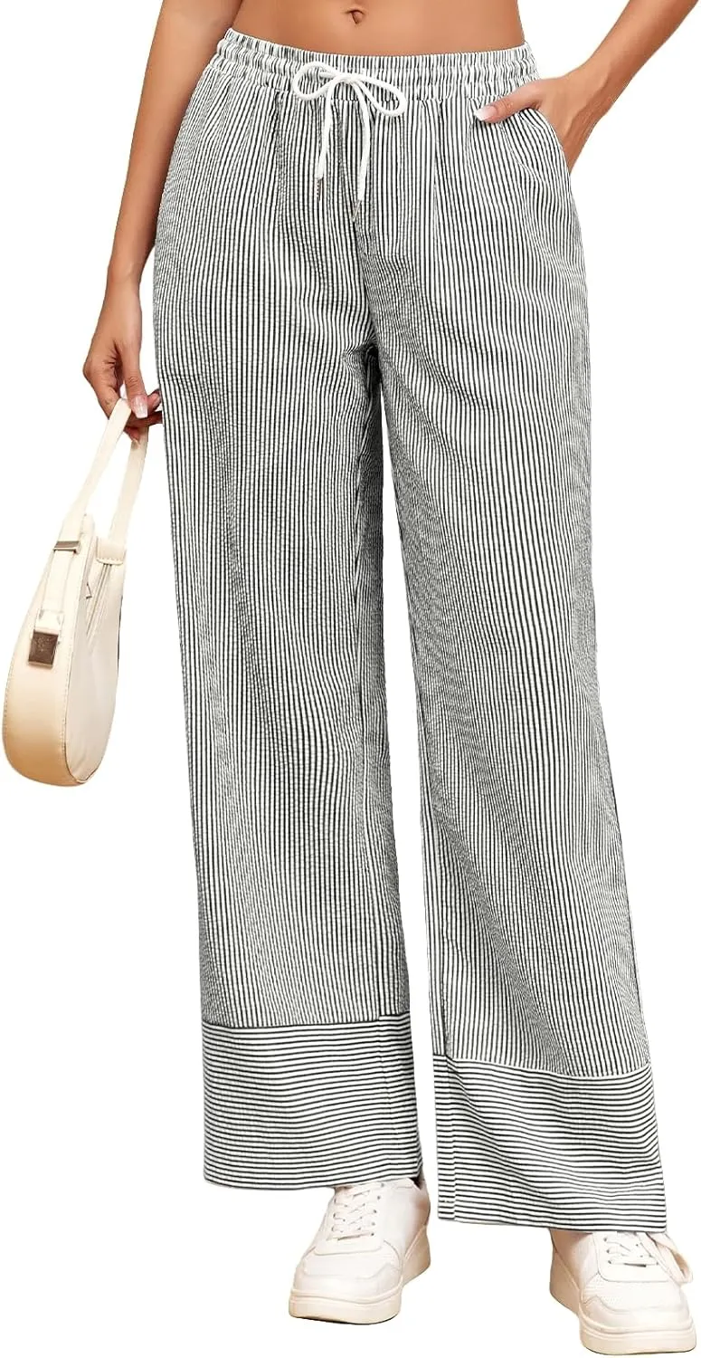 ZAFUL 2025 Womens Striped Linen Pants Cute Vintage Y2K Summer Beach Ankle Pants with Pockets, Comfy PJ Trousers