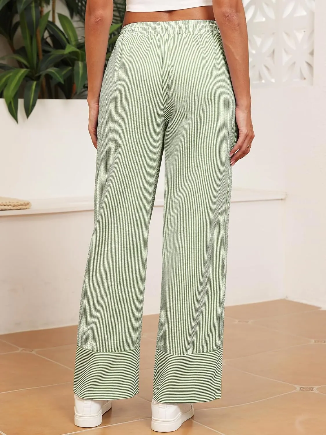 ZAFUL 2025 Womens Striped Linen Pants Cute Vintage Y2K Summer Beach Ankle Pants with Pockets, Comfy PJ Trousers