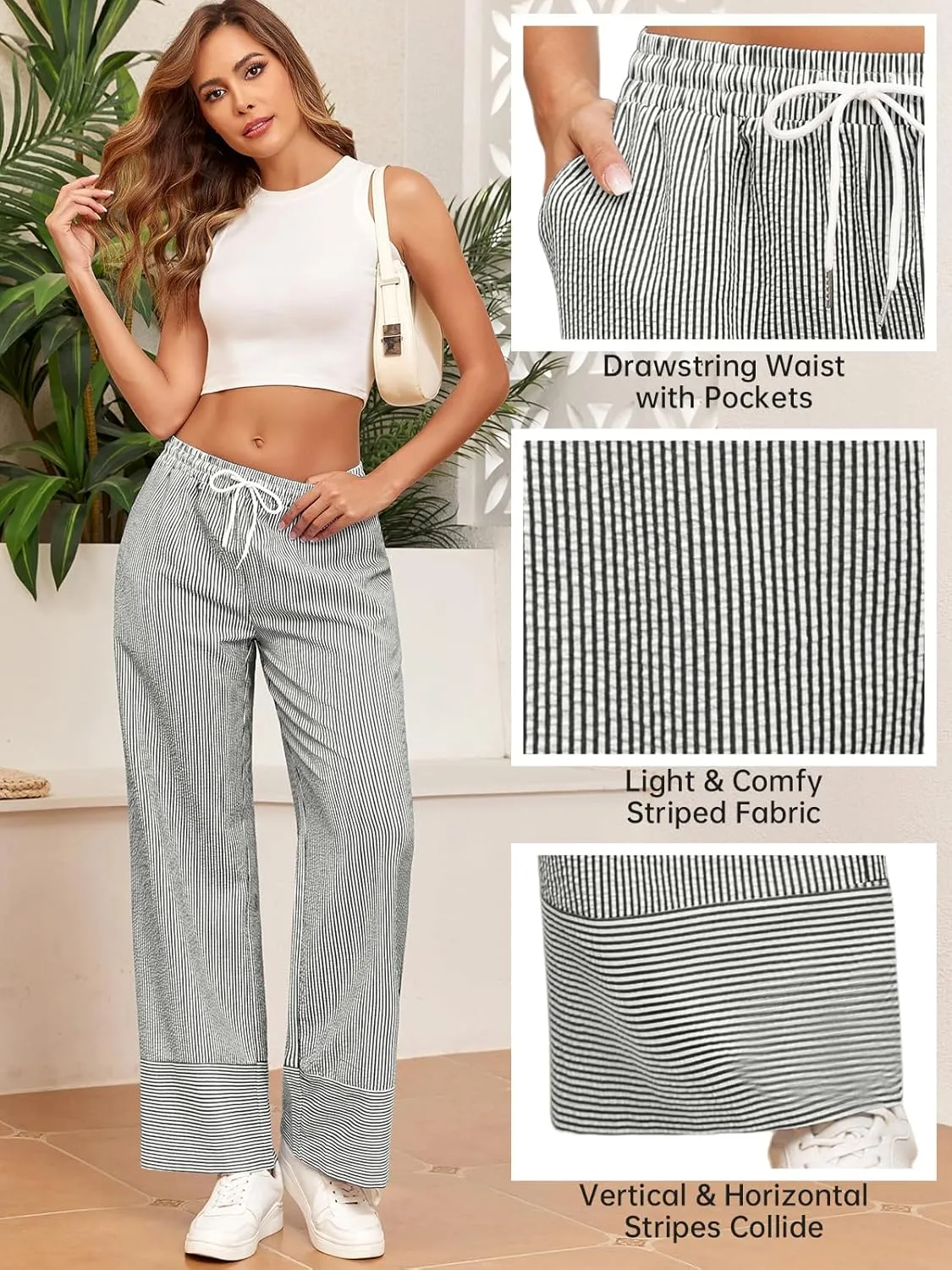 ZAFUL 2025 Womens Striped Linen Pants Cute Vintage Y2K Summer Beach Ankle Pants with Pockets, Comfy PJ Trousers
