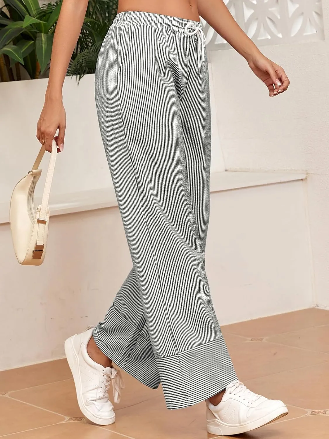 ZAFUL 2025 Womens Striped Linen Pants Cute Vintage Y2K Summer Beach Ankle Pants with Pockets, Comfy PJ Trousers