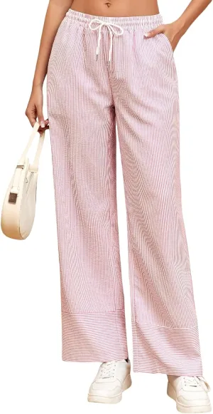 ZAFUL 2025 Womens Striped Linen Pants Cute Vintage Y2K Summer Beach Ankle Pants with Pockets, Comfy PJ Trousers