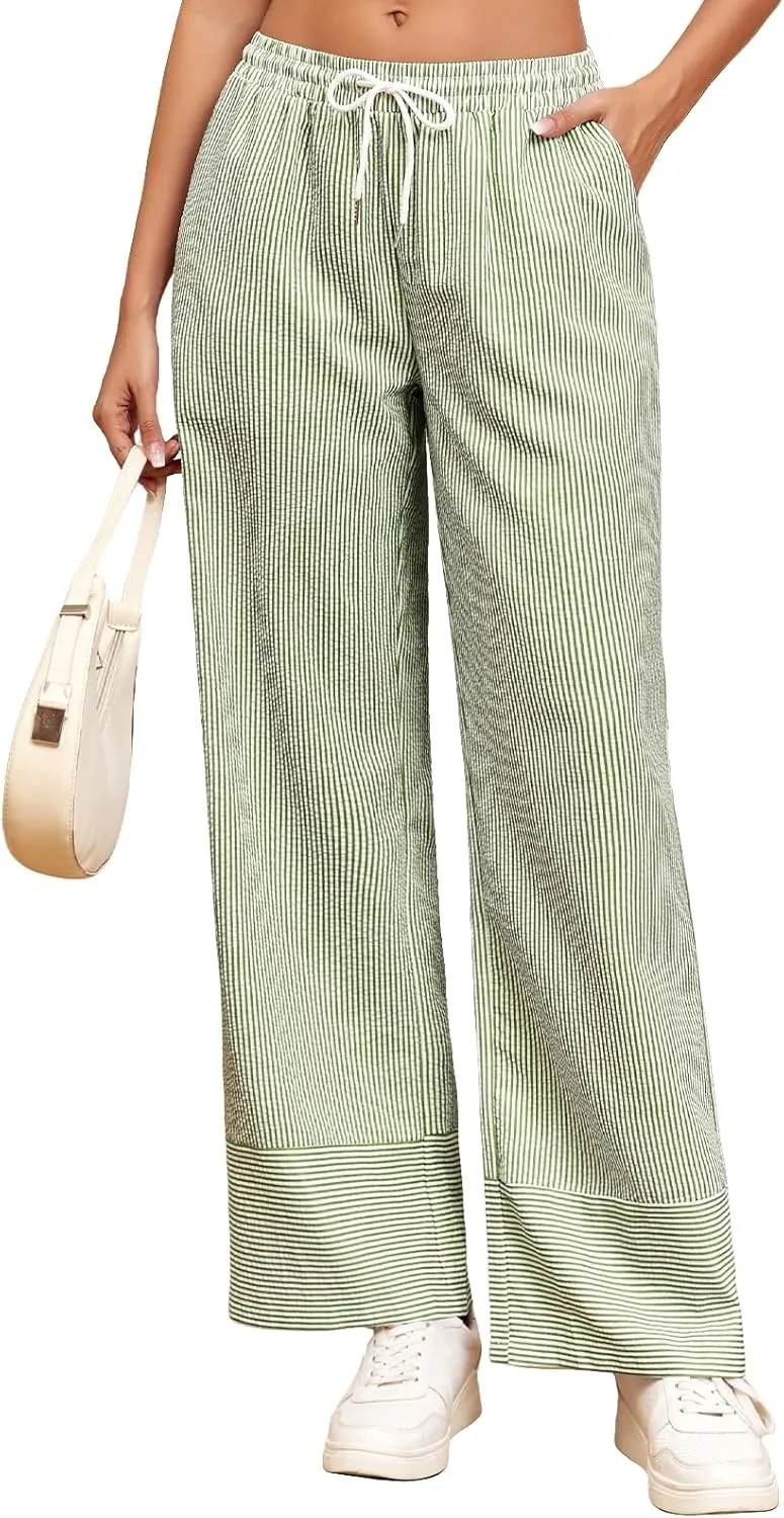 ZAFUL 2025 Womens Striped Linen Pants Cute Vintage Y2K Summer Beach Ankle Pants with Pockets, Comfy PJ Trousers
