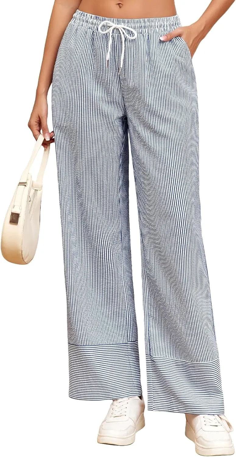 ZAFUL 2025 Womens Striped Linen Pants Cute Vintage Y2K Summer Beach Ankle Pants with Pockets, Comfy PJ Trousers