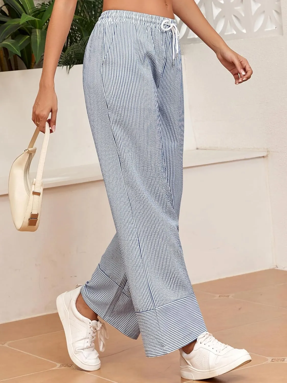 ZAFUL 2025 Womens Striped Linen Pants Cute Vintage Y2K Summer Beach Ankle Pants with Pockets, Comfy PJ Trousers
