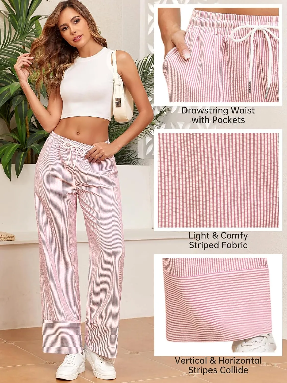 ZAFUL 2025 Womens Striped Linen Pants Cute Vintage Y2K Summer Beach Ankle Pants with Pockets, Comfy PJ Trousers