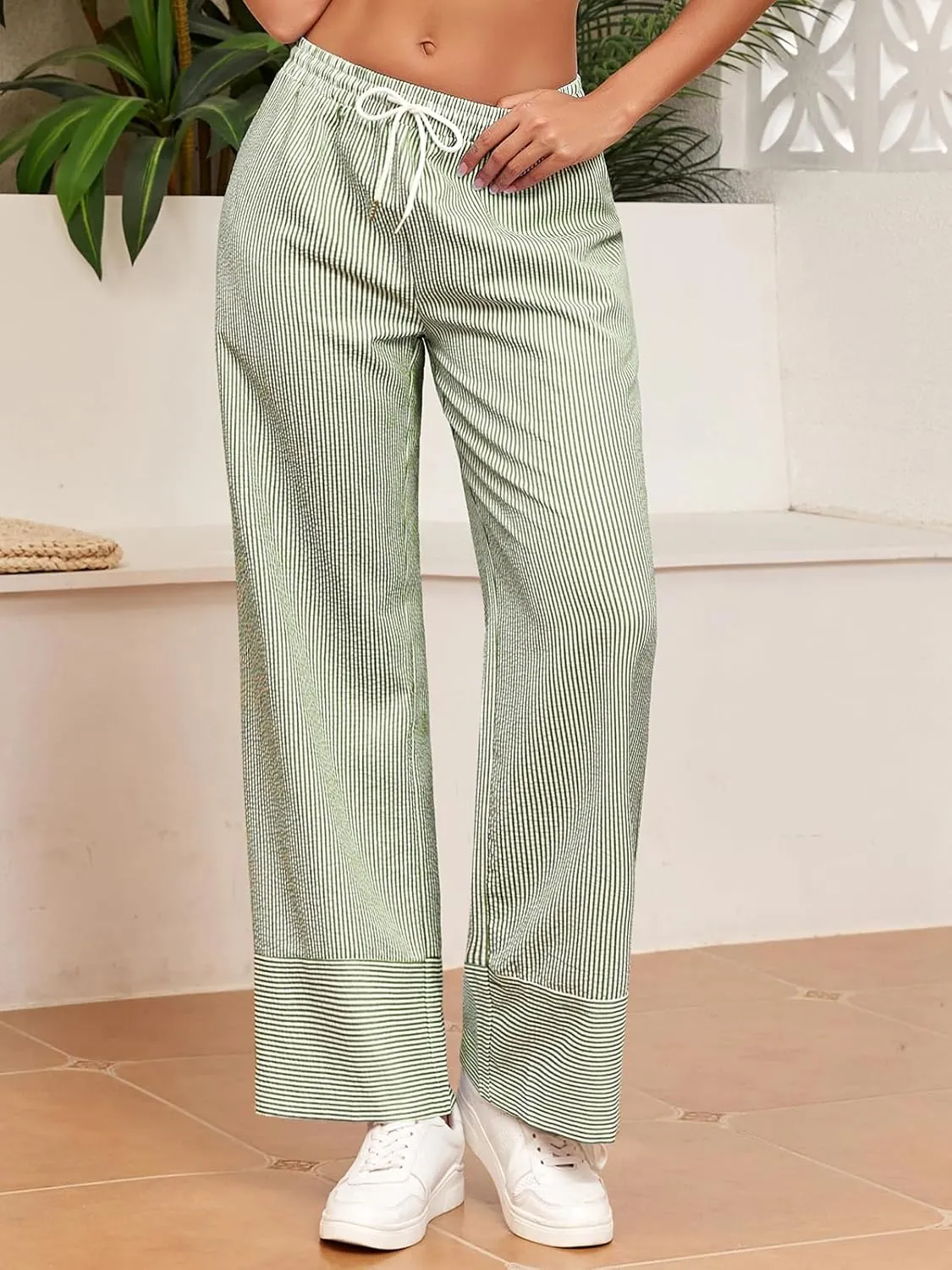 ZAFUL 2025 Womens Striped Linen Pants Cute Vintage Y2K Summer Beach Ankle Pants with Pockets, Comfy PJ Trousers