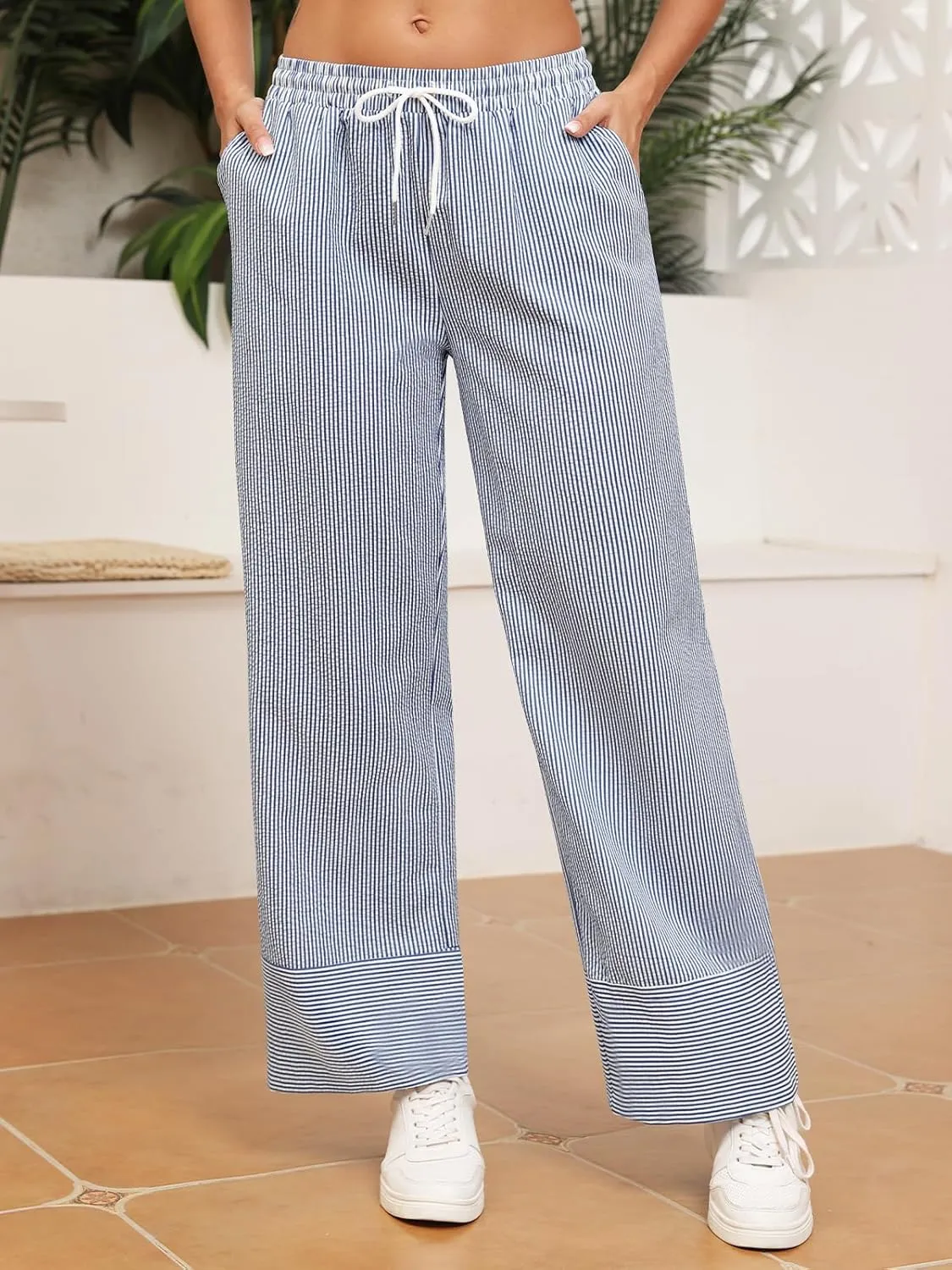 ZAFUL 2025 Womens Striped Linen Pants Cute Vintage Y2K Summer Beach Ankle Pants with Pockets, Comfy PJ Trousers