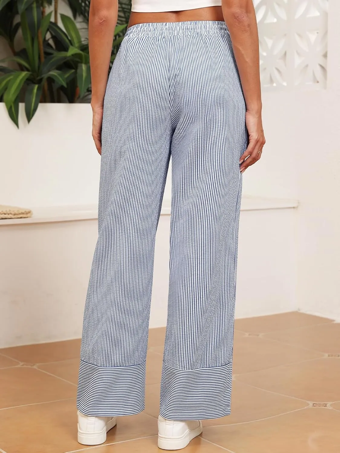 ZAFUL 2025 Womens Striped Linen Pants Cute Vintage Y2K Summer Beach Ankle Pants with Pockets, Comfy PJ Trousers