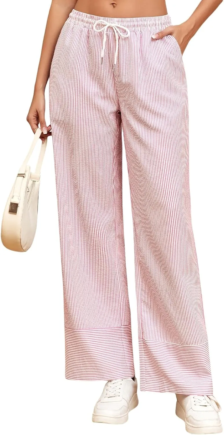 ZAFUL 2025 Womens Striped Linen Pants Cute Vintage Y2K Summer Beach Ankle Pants with Pockets, Comfy PJ Trousers