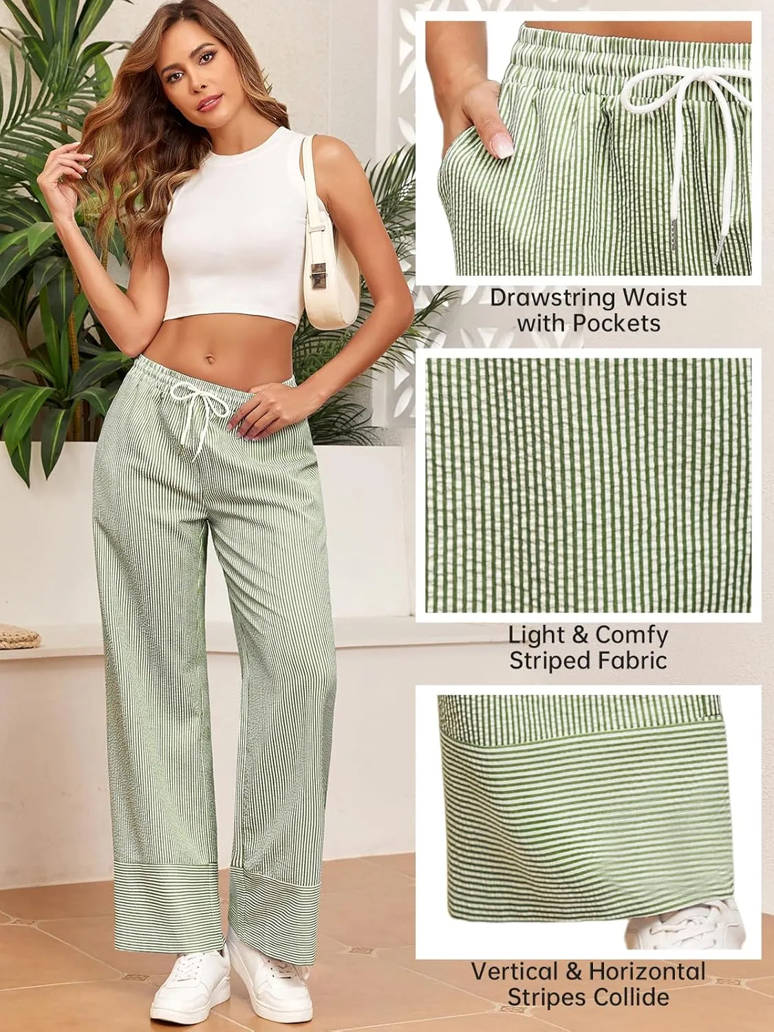 ZAFUL 2025 Womens Striped Linen Pants Cute Vintage Y2K Summer Beach Ankle Pants with Pockets, Comfy PJ Trousers